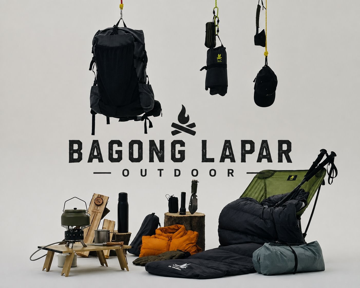 Ransel dan perlengkapan outdoor di alam pegunungan